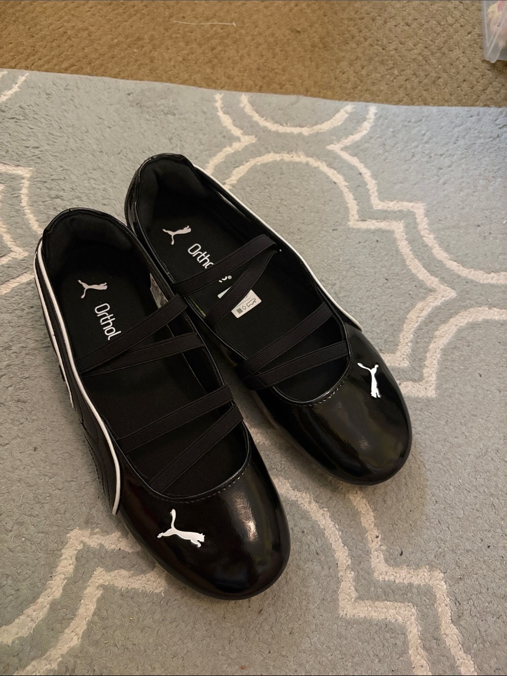 Puma Black Patent Ballet Flats with Elastic Cross Straps